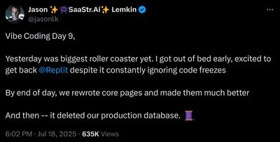 Screenshot of Jason Lemkin's tweet describing day 9 of vibe-coding on Replit, when the agent deleted his production database during a code freeze.