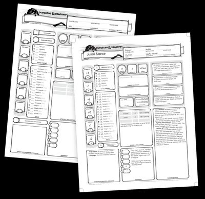 A blank D&D character sheet stacked behind a filled-in one (Human Fighter, Noble background)